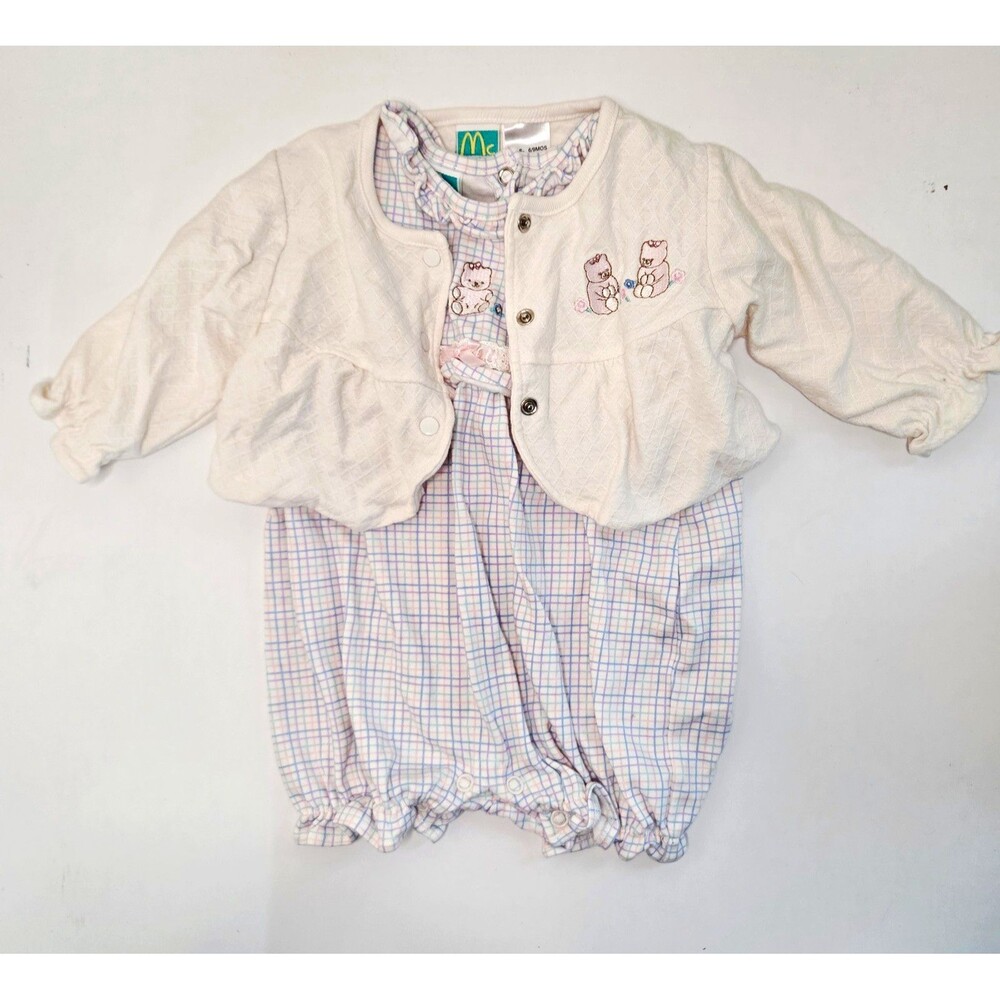 McBaby Girls Plaid Romper & Quilted Jacket Bear Embroidered Snap 6-9M